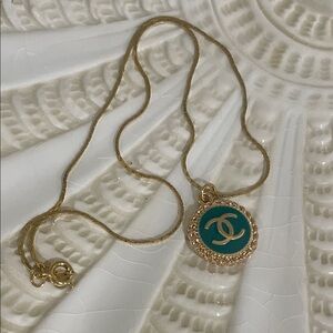 CHANEL authentic Gold and Teal Pendant with a 14k unbranded gold Chain ⛓️‍💥